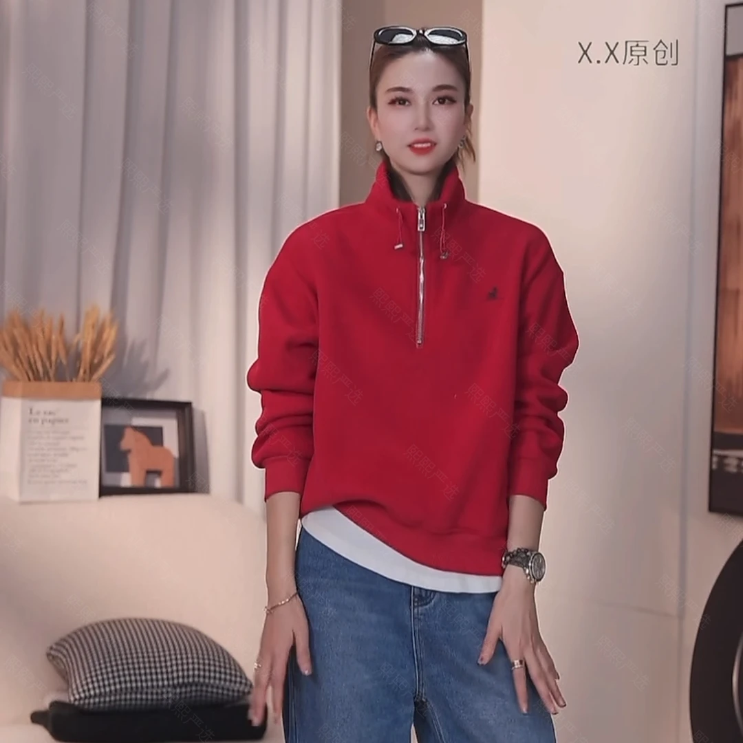 XX.YX（新年红）冬季加澳绒立领半拉链显瘦气质卫衣6791