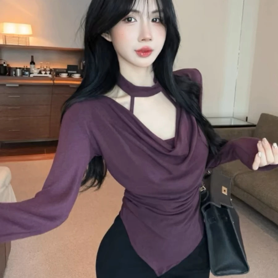 辣妹一字肩荡领两穿内搭打底衫女设计感不规则收腰挂脖百搭性感