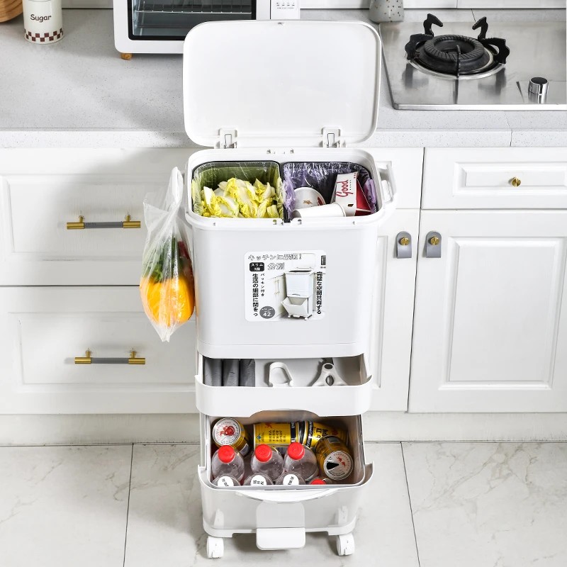 家用厨房分类垃圾桶日式干湿分离按压脚踏式分层储物盒挂钩大号
