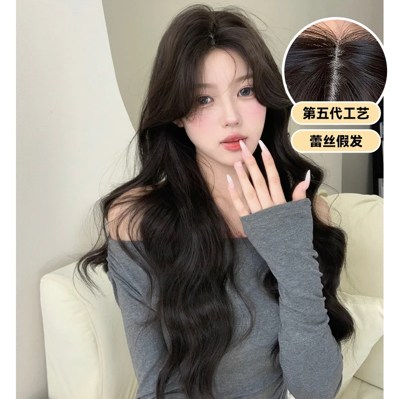 束朵儿假发女长发无痕自然大卷中分一字蕾丝网红八字刘海全头套