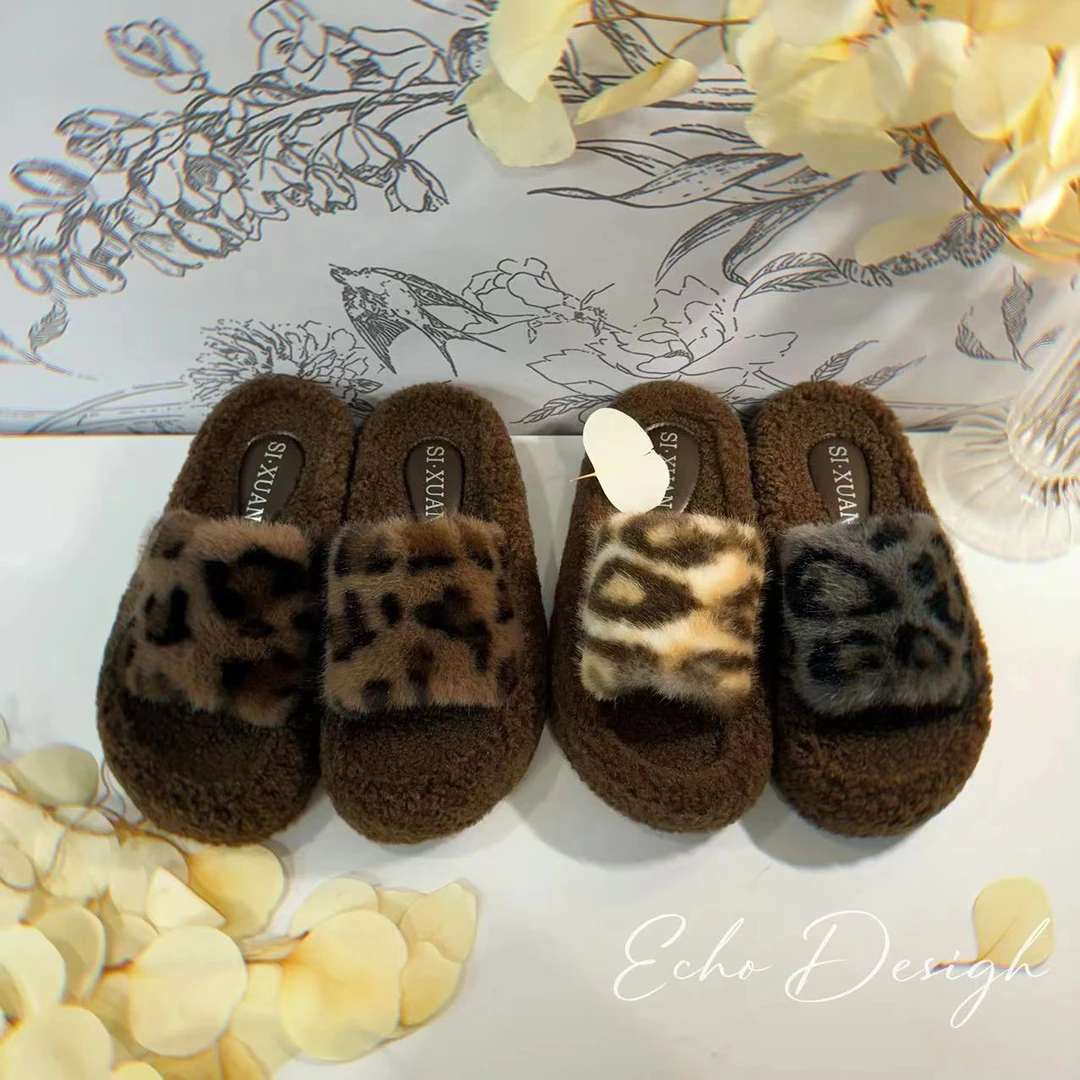 【ECHO】特!‘豹纹美拉德’2024新款短毛厚底外穿毛毛拖鞋女时尚秋