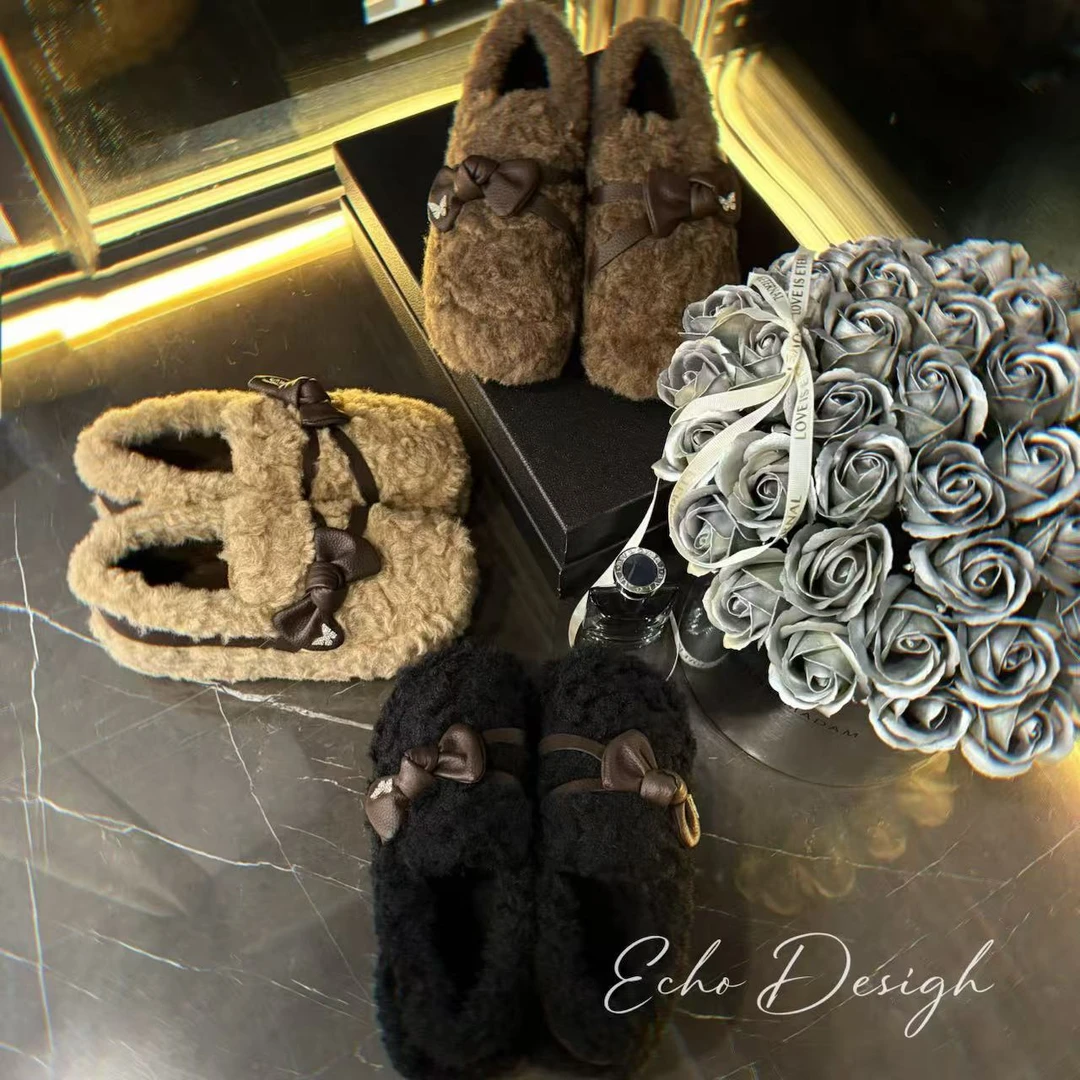 【ECHO】特！'轻奢水钻蝴蝶结‘包跟两穿松糕厚底毛毛棉拖月子鞋女冬