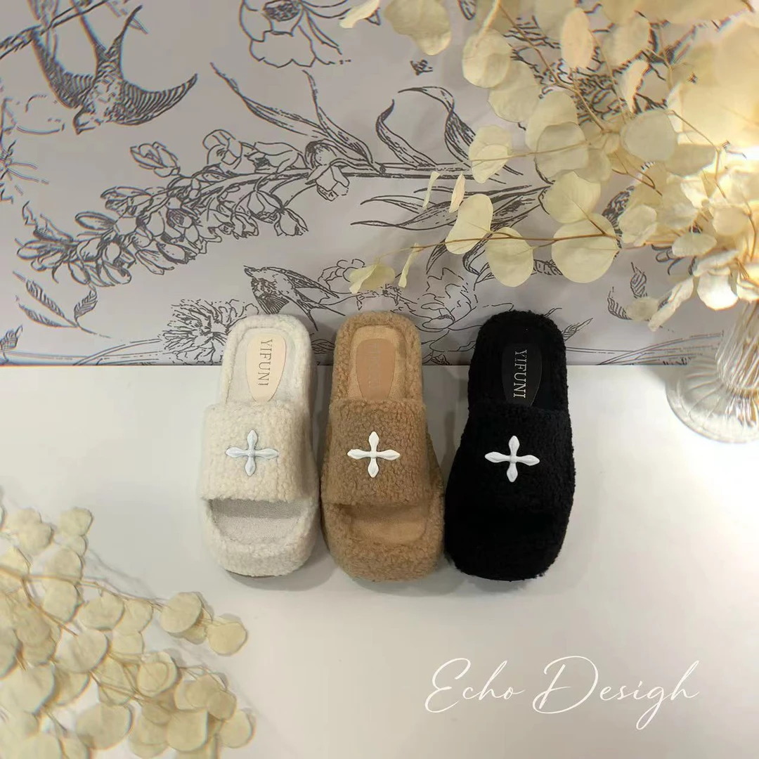 【ECHO】定制系列 十字花厚底小个子增高外穿松糕毛毛拖鞋女时尚18