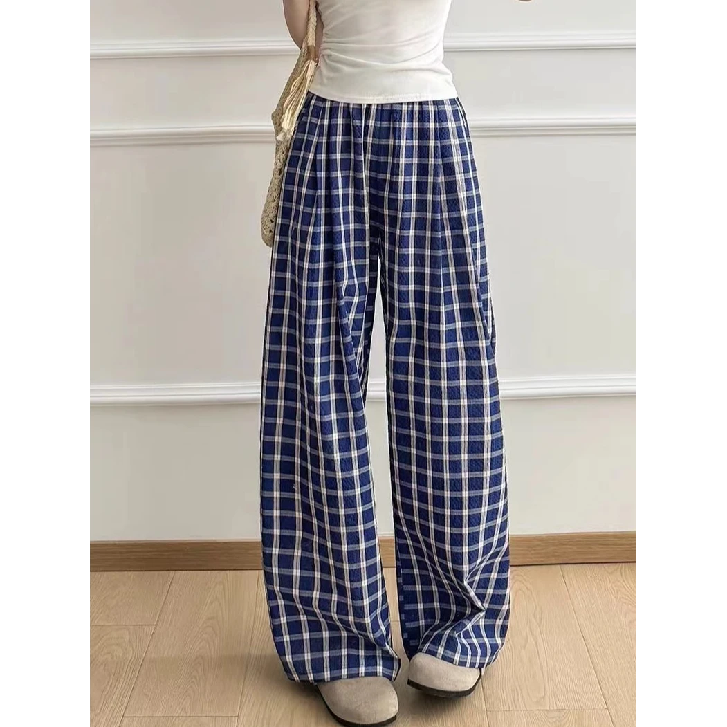 夏季直筒格子裤高腰阔腿裤女垂感宽松显瘦时尚松紧裤子拖地裤