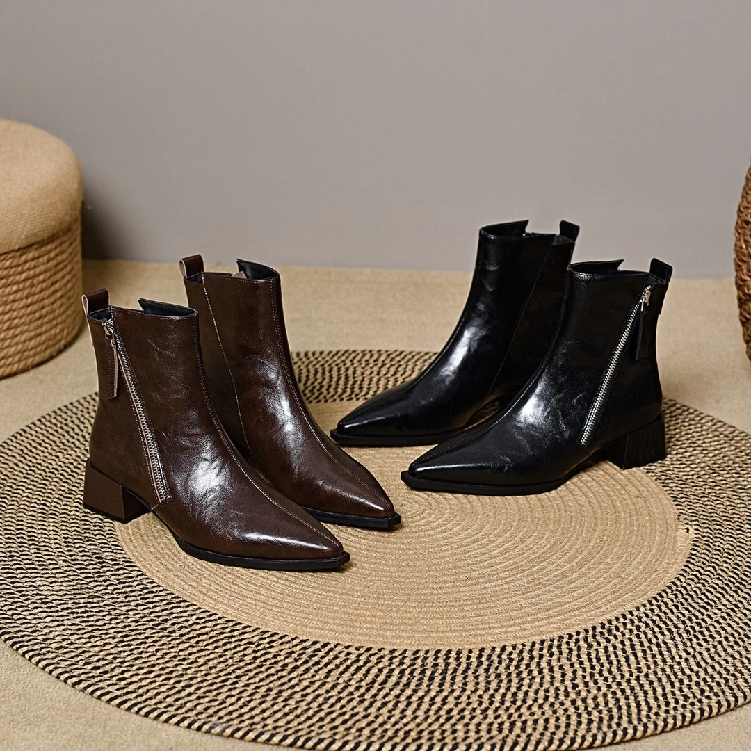 安克拉红色羊皮短筒靴明星同款尖厚底网红爆款复古低跟秋冬女皮靴