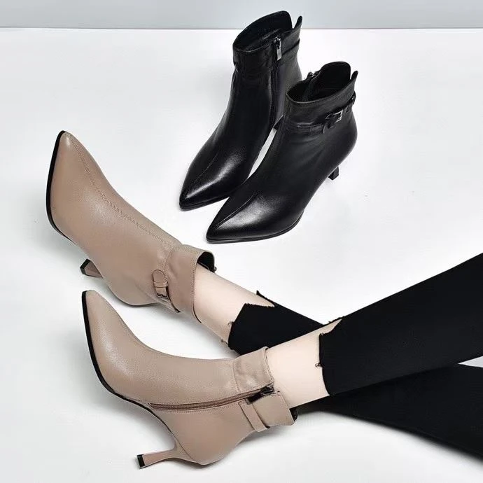 羊皮短靴女尖头细跟高跟瘦瘦靴真皮及踝靴软皮韩货时装靴新款棉靴