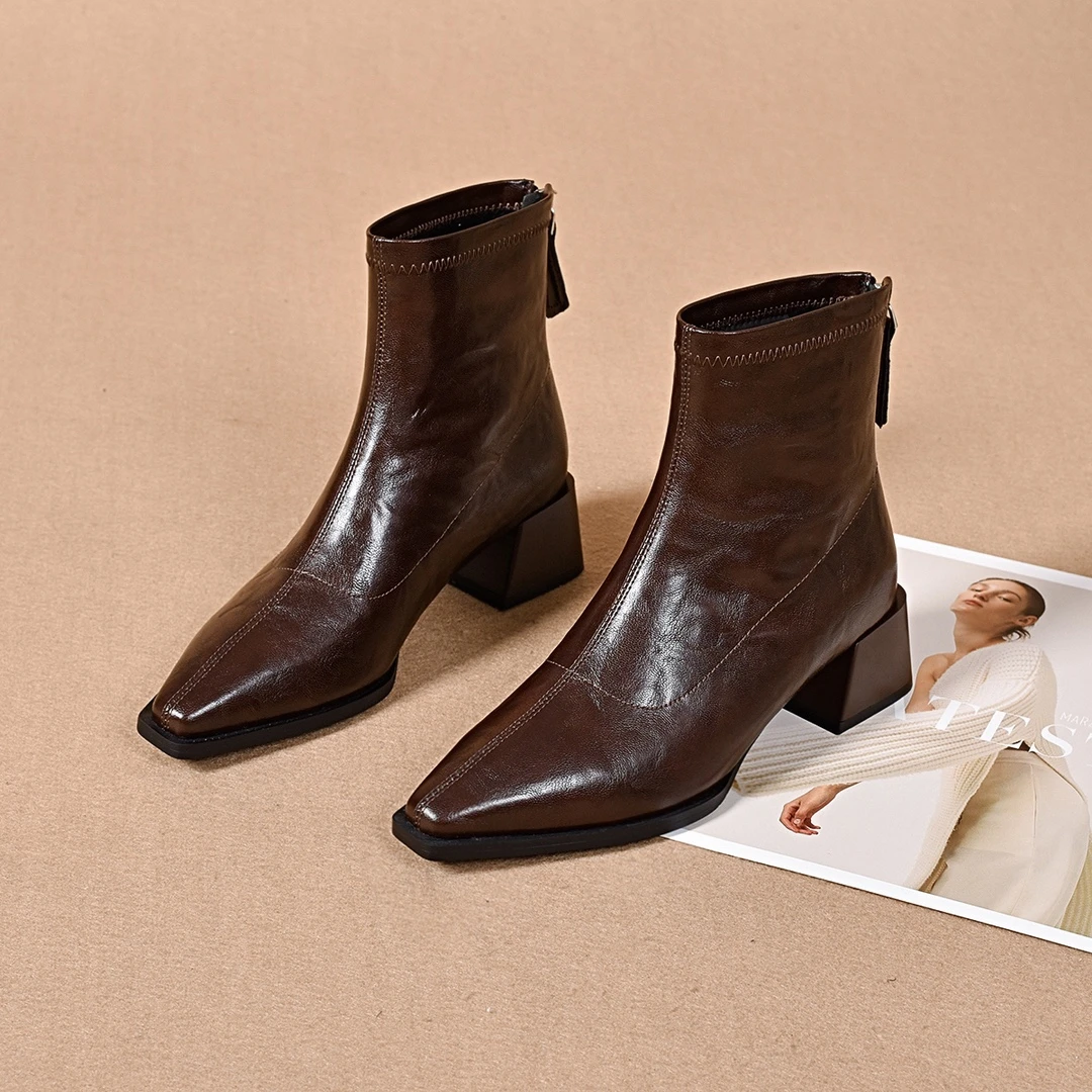 网红冬季尖头短靴低跟粗跟马丁靴真皮羊皮切尔西短靴软皮尖头短靴