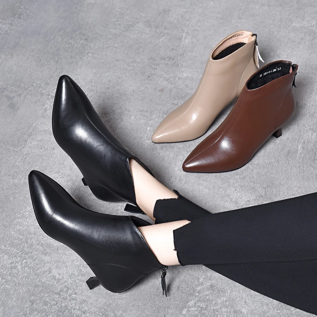 春秋单靴羊皮尖头3-5公分细跟洋气高级裸靴瘦瘦靴真皮气质女短靴