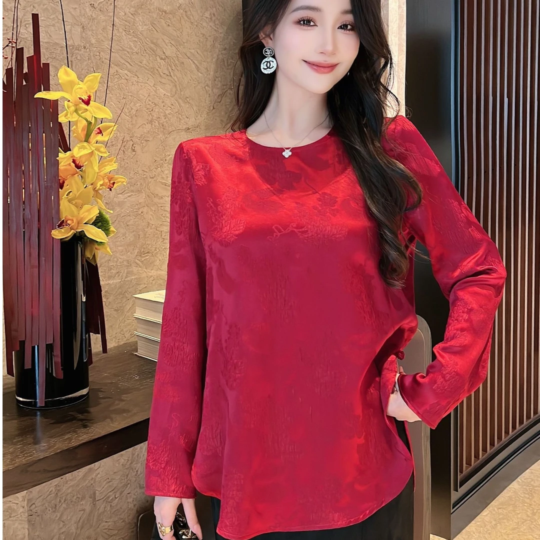 别致减龄三色真丝衬衫女2024秋春新品中式侧襟提花桑蚕丝上衣女