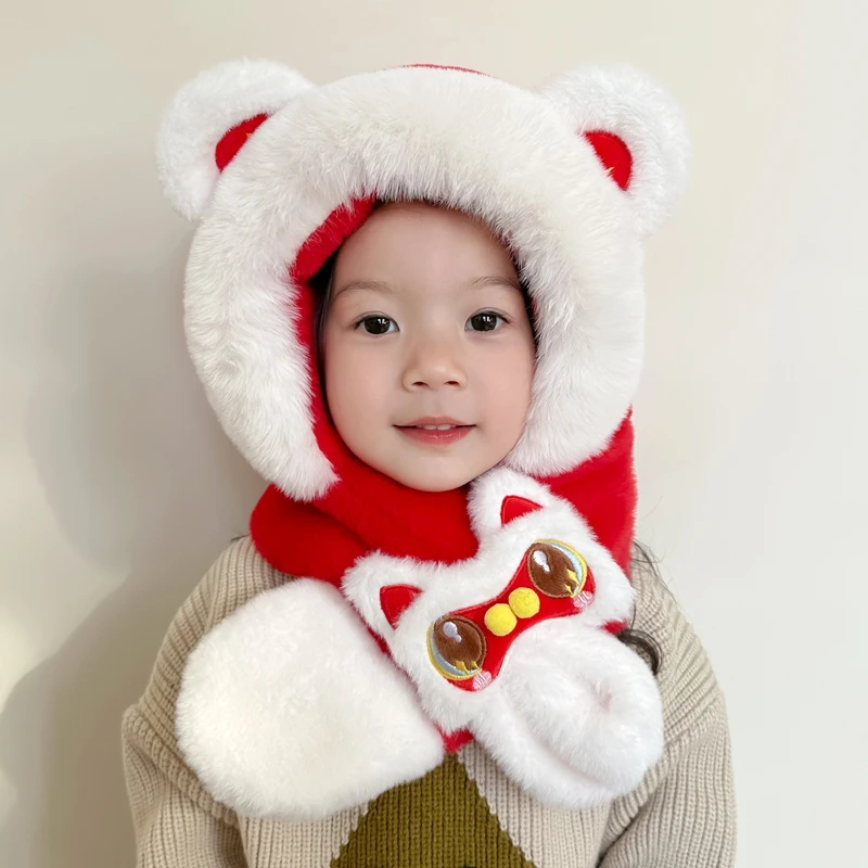 秋冬季宝宝帽子可爱毛绒围巾一体帽红色醒狮新年喜庆男女童保暖潮