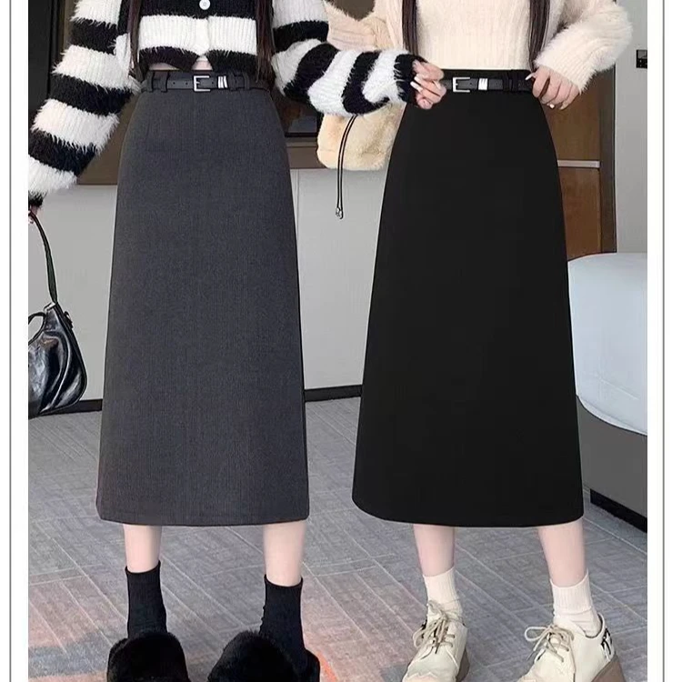1送腰带秋冬毛呢半身裙女新款高腰显瘦时尚A字包臀防走光百搭长裙