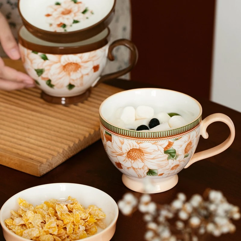复古轻奢山茶花陶瓷杯马克杯新品高颜值个性大容量闺蜜下午茶早餐