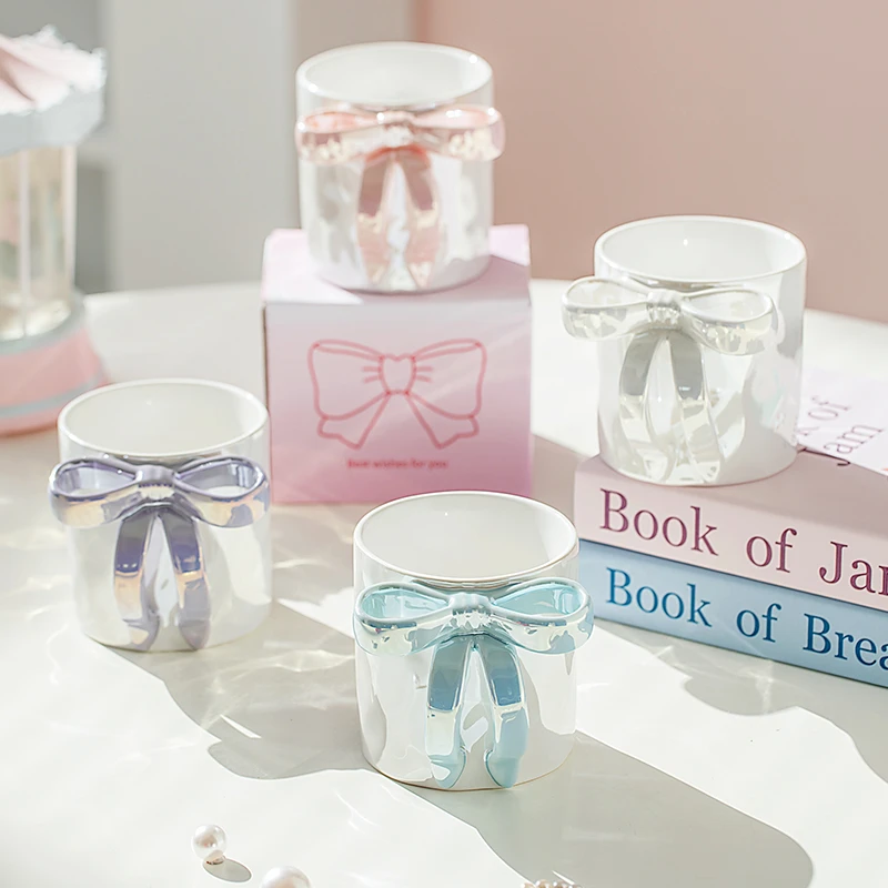 ins珍珠蝴蝶结陶瓷马克杯高颜值女生女士办公咖啡喝水杯子伴手礼