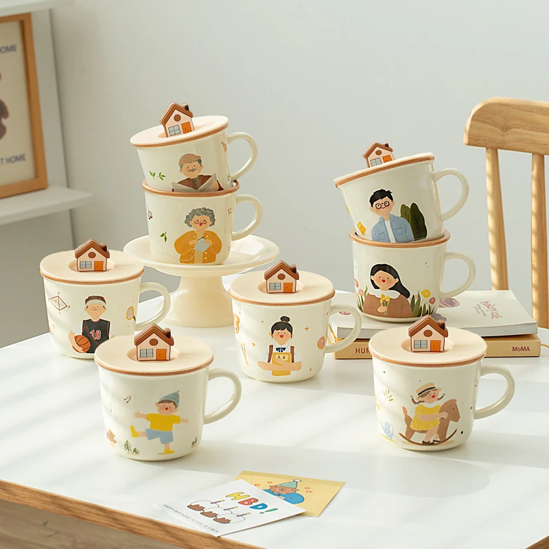 卡通可爱一家人陶瓷马克杯带盖家用咖啡牛奶早餐喝水杯子伴手礼物