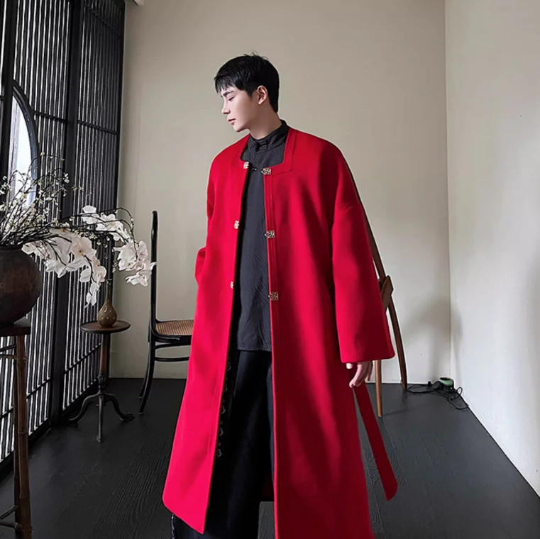 新中式国风红色毛呢大衣男秋冬季加厚高级感金属扣长款过膝呢风衣