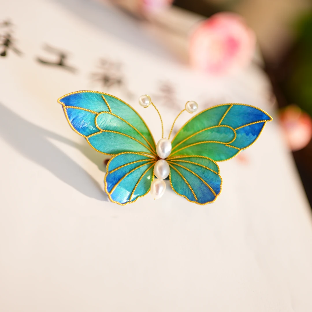 【蝴蝶发夹】千里江山色 非遗掐丝绒花 国风饰品礼品