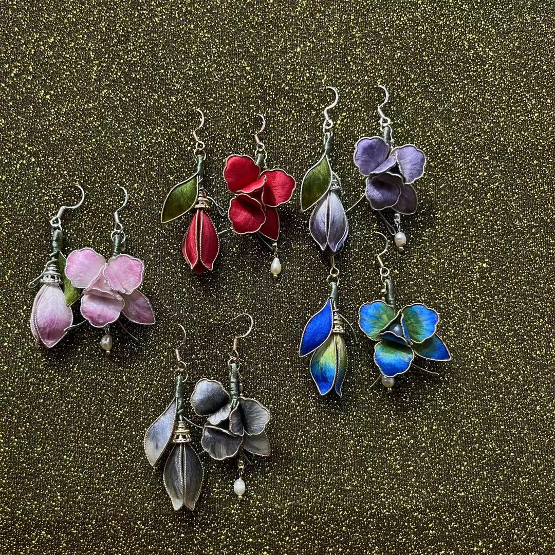 非遗手工桑蚕国风系列丝鸢尾花AB款耳环可搭配旗袍汉服新中服饰