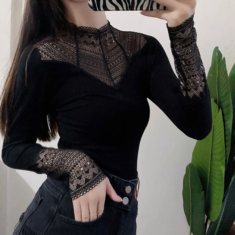 蕾丝半高领长袖套头螺纹棉收腰纯色清新甜美黑色修身型打底衫1960