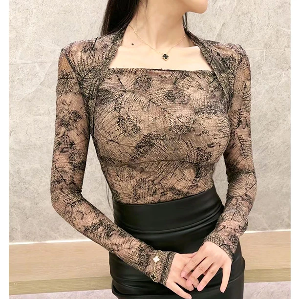 阿俪雅木ALY网红百搭洋气一字肩肌理图案显瘦长袖裹肩上衣RQ1C016