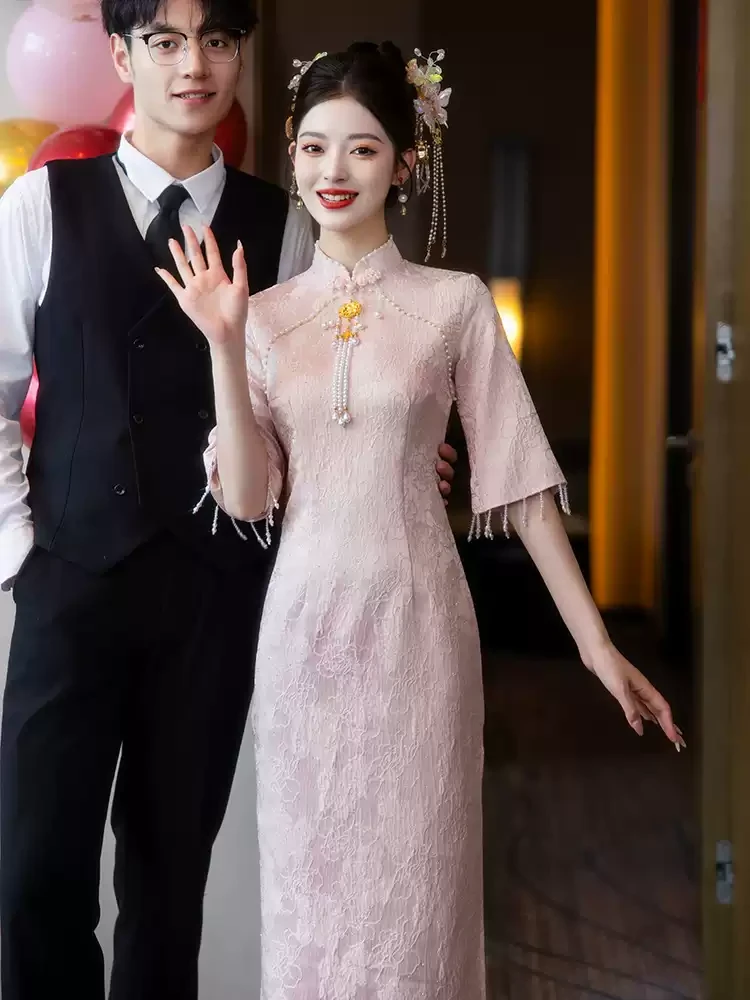 【月下兮-桃悦】粉色旗袍敬酒服新中式订婚礼服裙结婚回门小个子