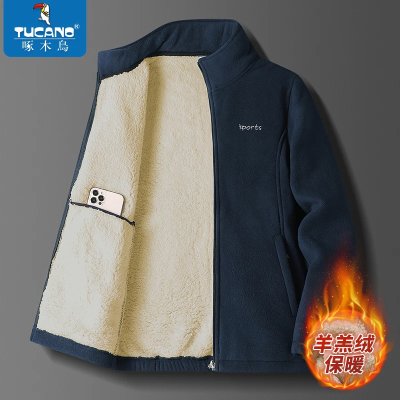 啄木鸟立领开衫卫衣男款加厚羊羔绒上衣男士秋冬款加绒保暖抓绒衣