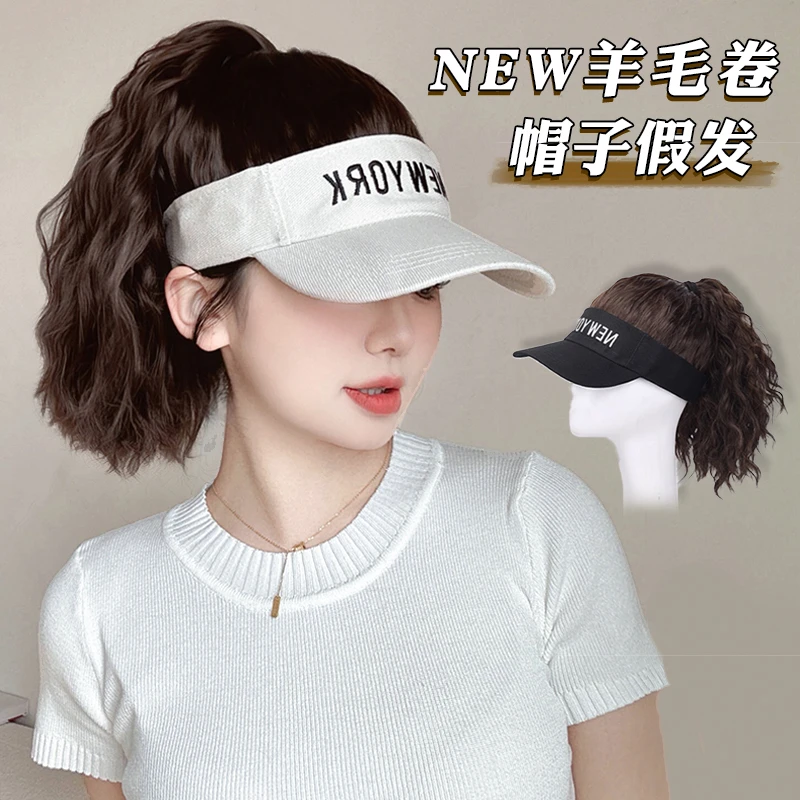 婷子假发/NEW夏日羊毛卷帽子假发一体高马尾升级款时尚减龄防晒帽