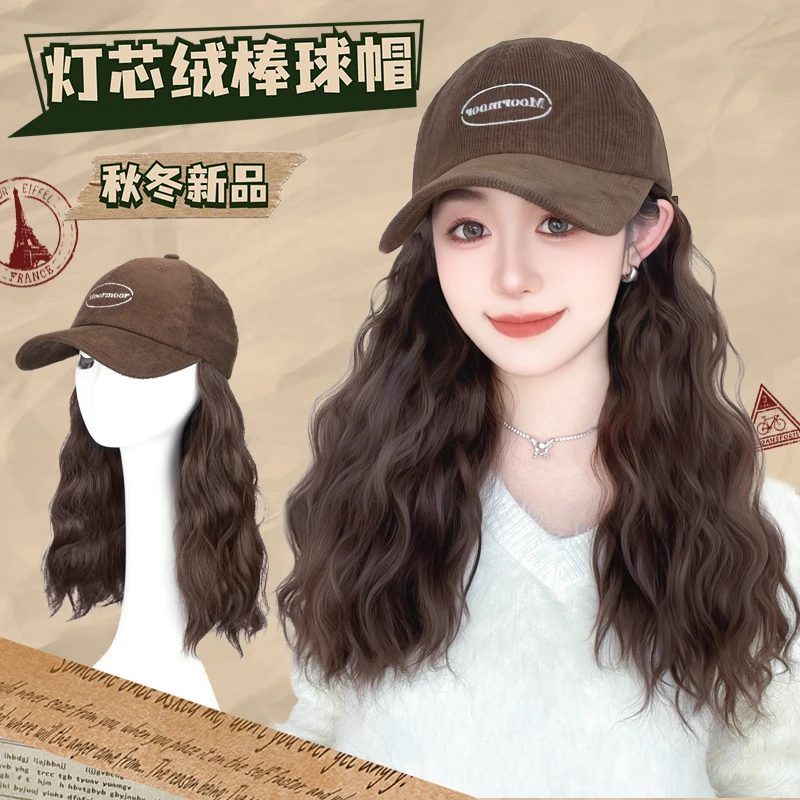 婷子假发/羊毛卷灯芯绒鸭舌帽假发一体式时尚款显脸小帽子假发
