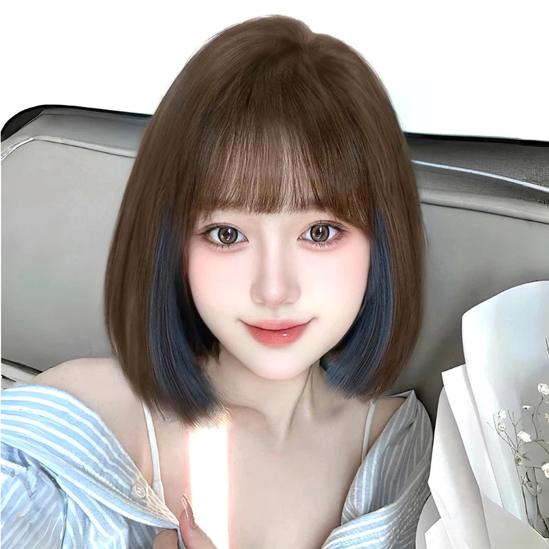 婷子假发/小清新挑染假发女时尚波波头挂耳染蓬松透气全头套假发