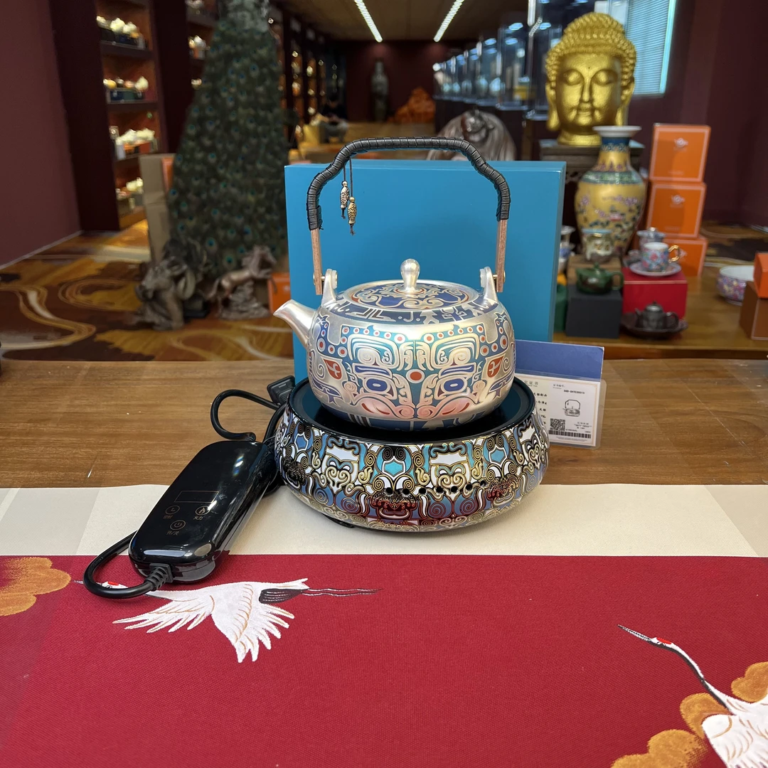 【闪购链接】ZH1829郑文强饕餮银壶提梁壶加电陶炉带礼盒带证书