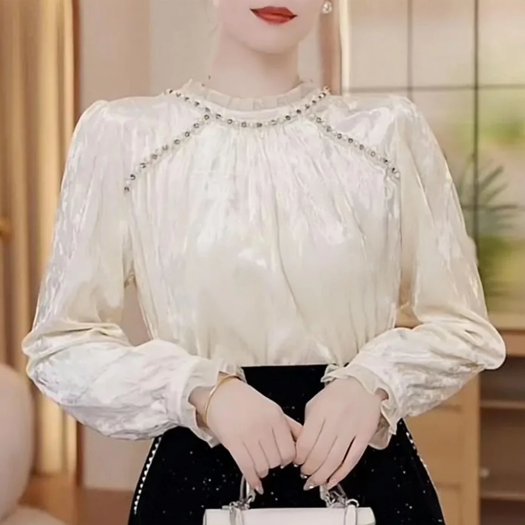 衬衫女2025春夏新款洋气法式时尚上衣休闲新款钉珠刺绣气质小衫潮
