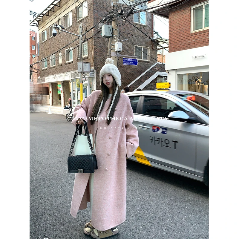 LUU桃喜儿/慵懒两穿双面呢大衣外套女秋冬毛中长款韩系宽松毛呢