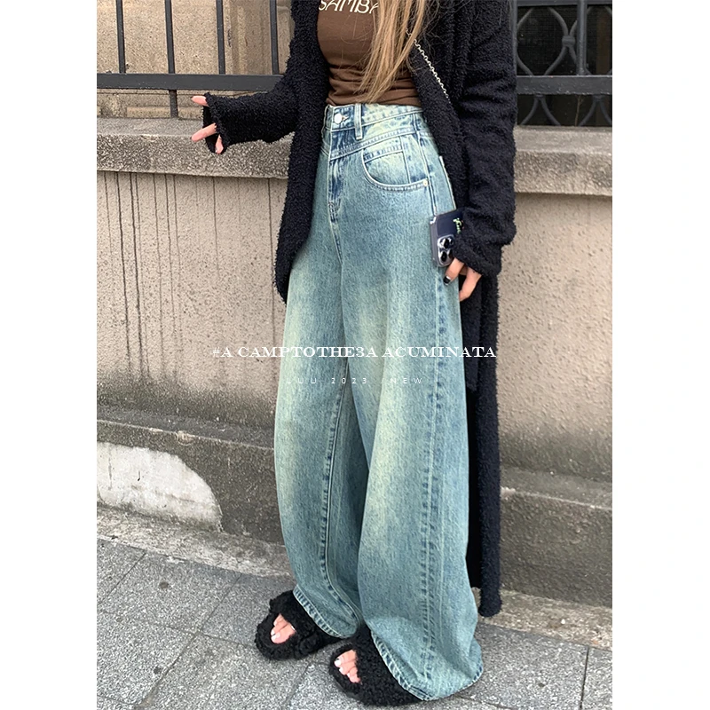 LUU桃喜儿/门禁分割线水洗做旧牛仔裤女春秋宽松阔腿高腰裤子显瘦
