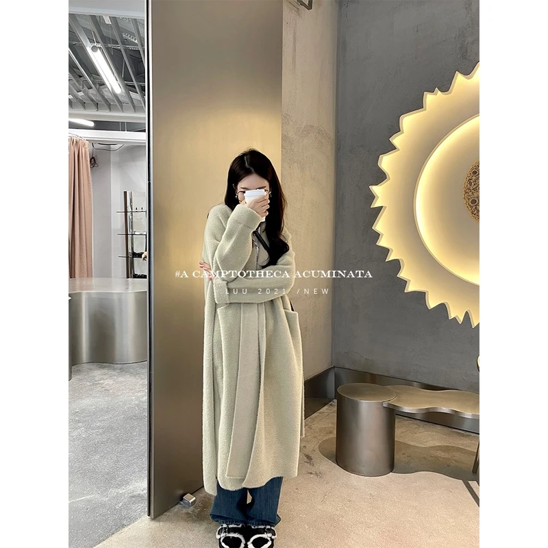 LUU桃喜儿/仿水貂绒外套女秋冬加厚中长款大衣宽松慵懒风针织开衫