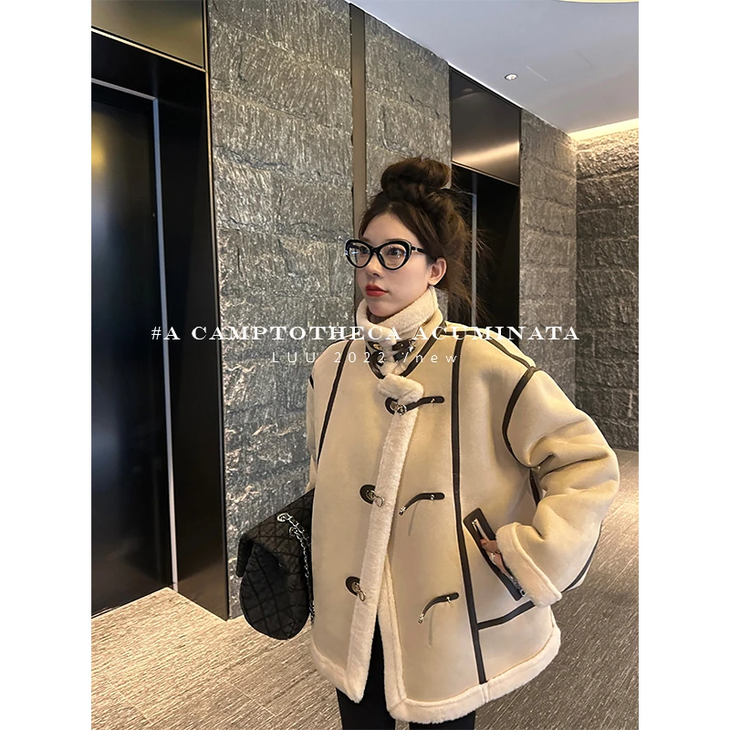 LUU桃喜儿/加厚皮绒羔毛皮毛一体外套秋冬女宽松上衣机车服