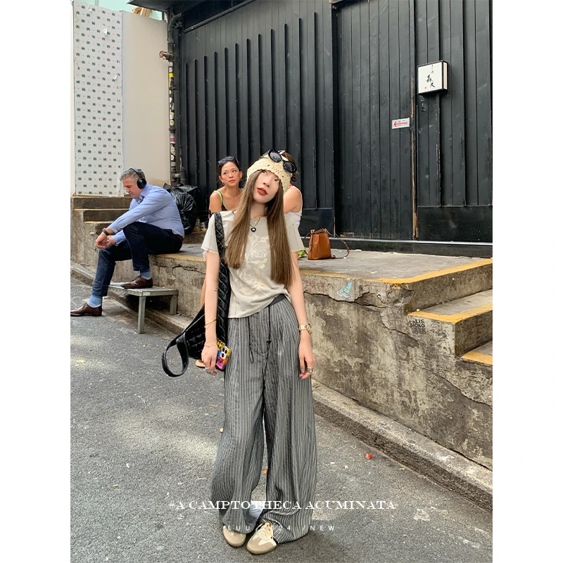 LUU桃喜儿/条纹宽松休闲阔腿裤薄款拼接慵懒垂感显瘦高腰小众女夏