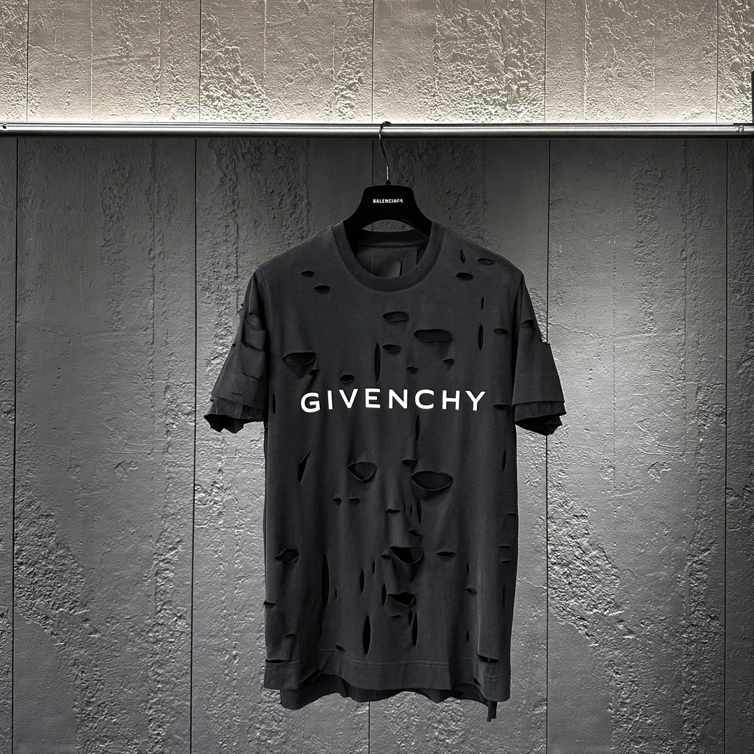 全新未使用 Givenchy/纪梵希 黑色大破洞经典logo短袖T恤