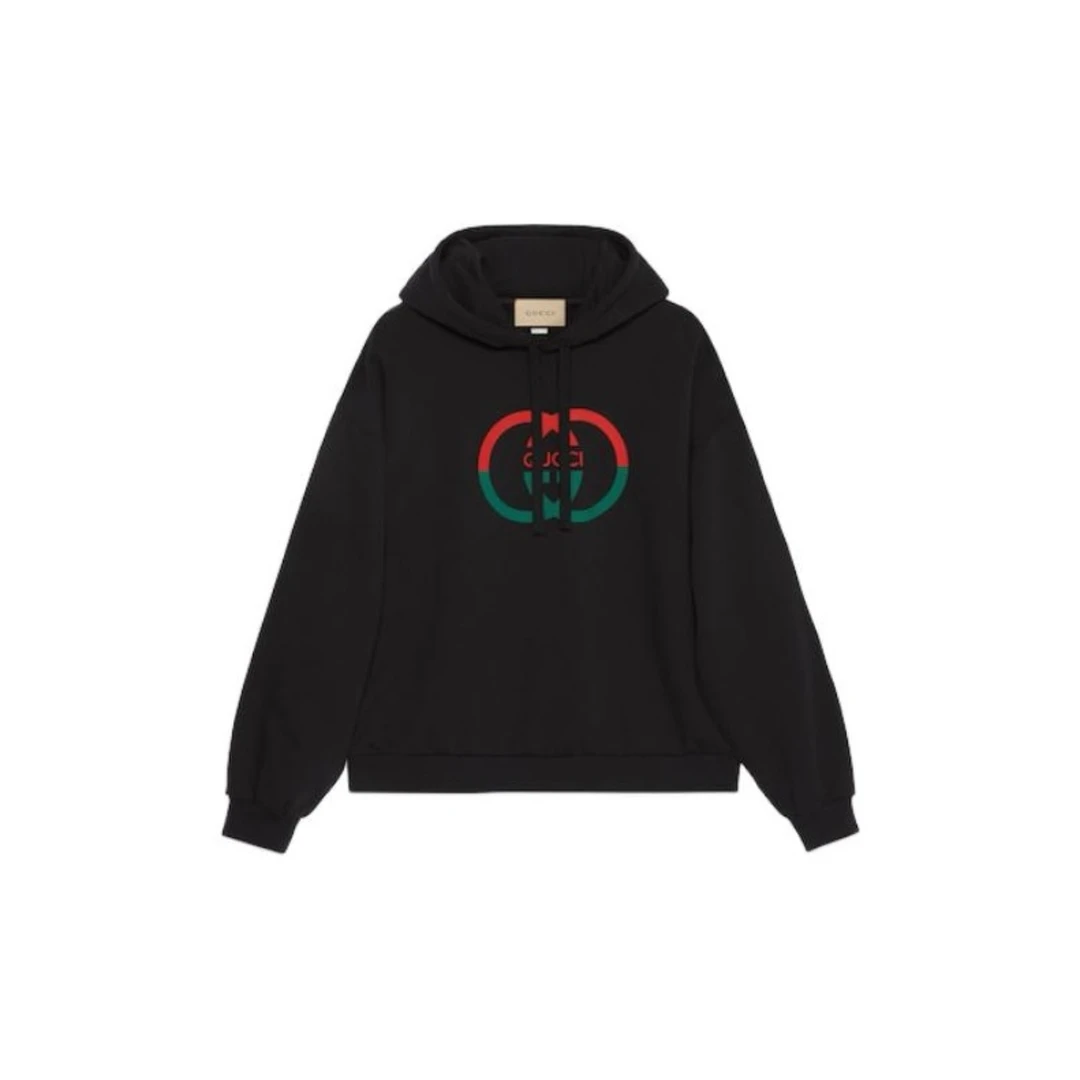 全新未使用 GUCCI/古驰 黑色红绿双环双G印花logo帽衫连帽卫衣