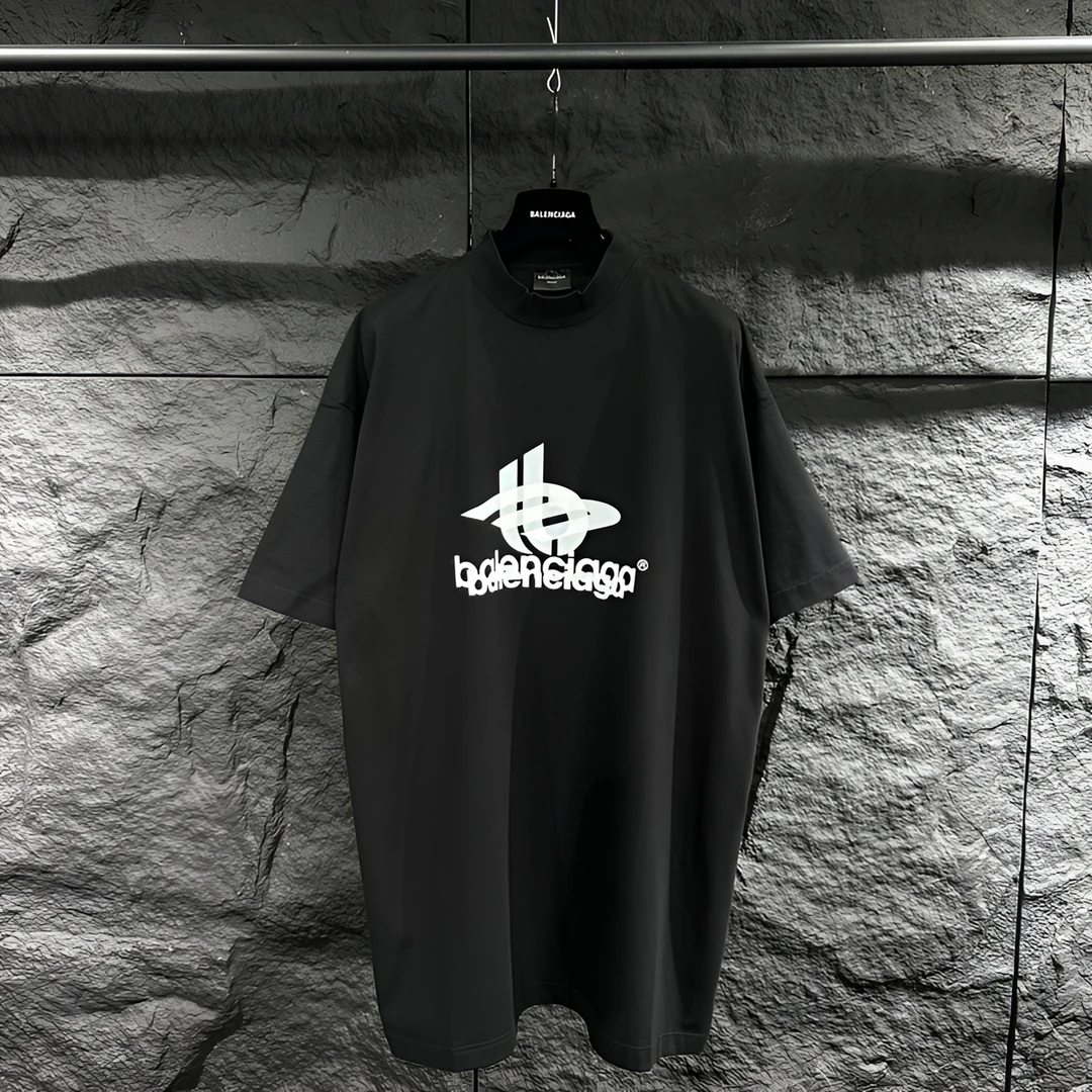全新未使用 Balenciaga/巴黎世家 黑色叠影字母印花logo短袖T恤