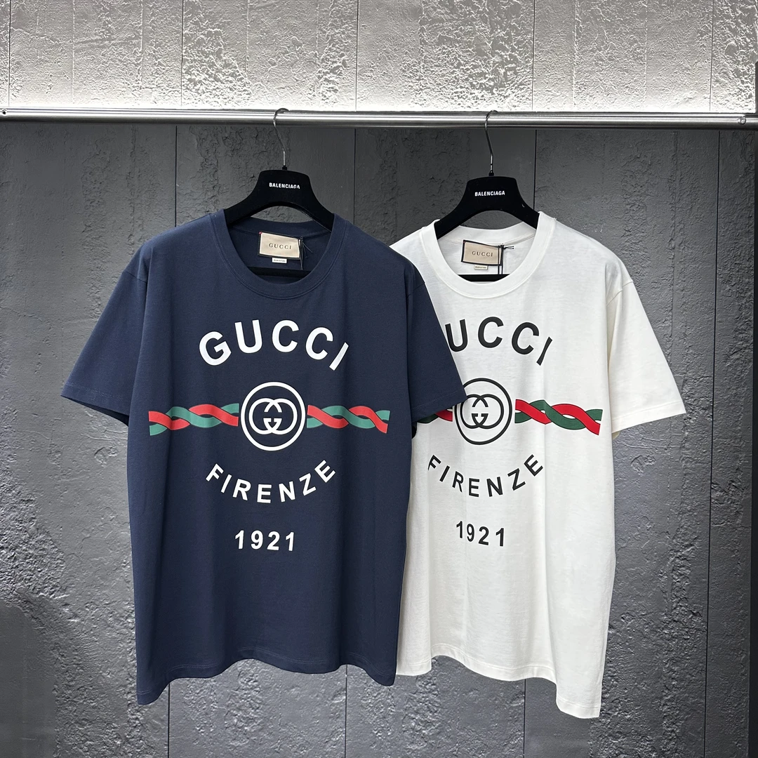 全新未使用 GUCCI/古驰 深蓝白色麻花字母印花logo休闲短袖T恤