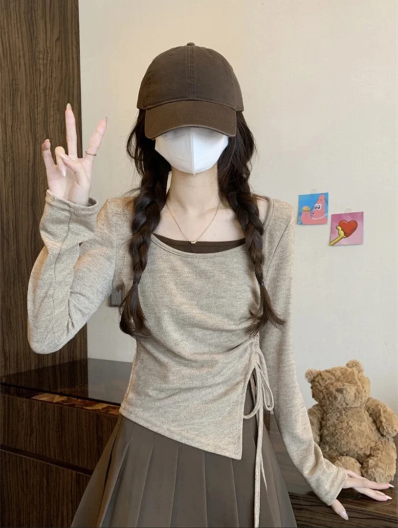 秋季韩版甜美修身设计感撞色假两件显瘦抽绳开衩上衣