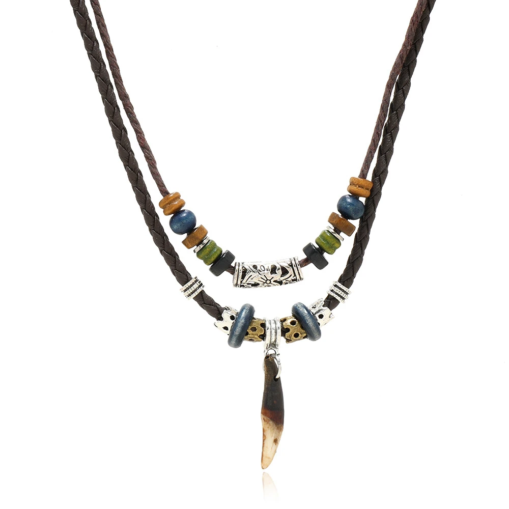 新款民族风复古元素饰品吊坠 男士个性狗牙项饰 多层长款皮革吊坠