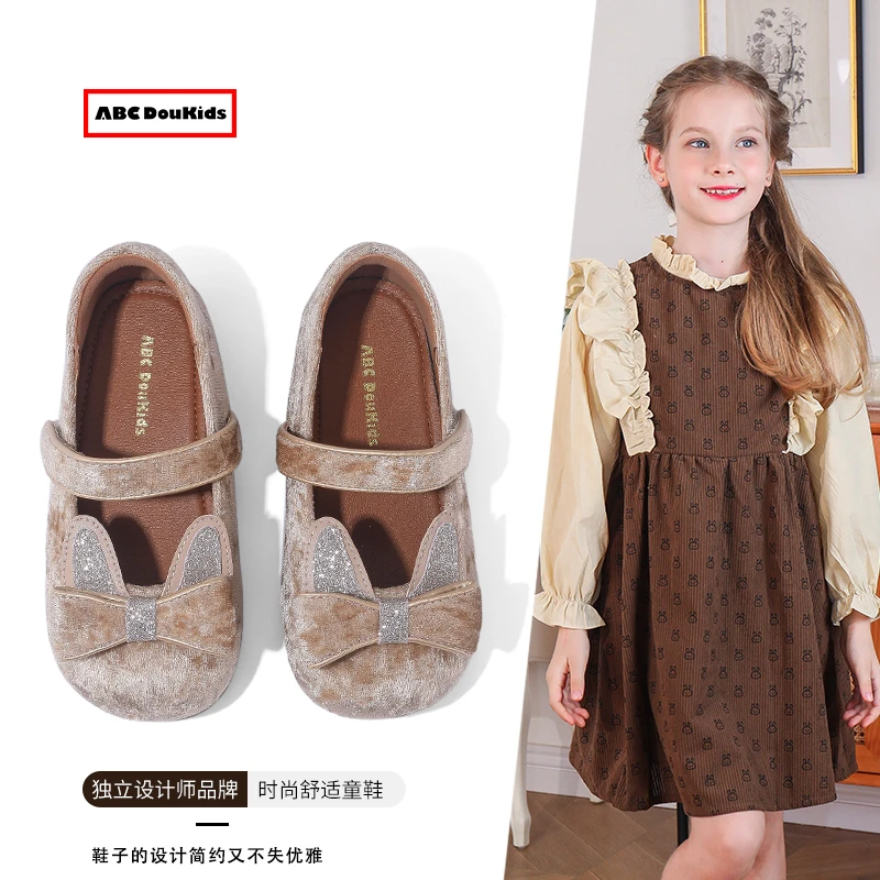ABC Doukids女童皮鞋2024秋季新款魔术贴蝴蝶结公主鞋儿童平底鞋