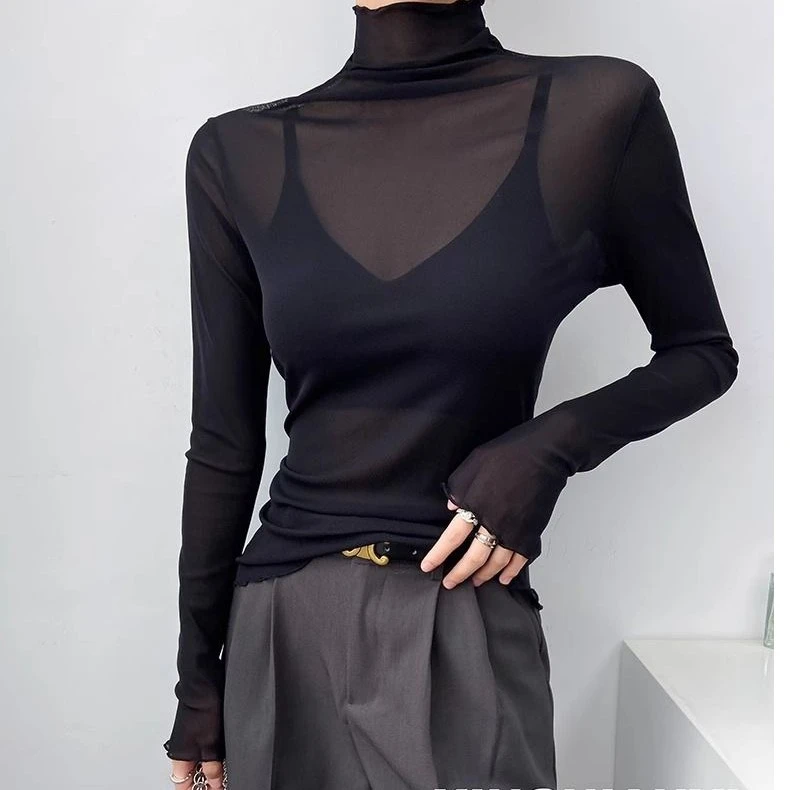 【小爱家】高领网纱打底衫女2023新款洋气长袖显瘦黑色上衣性感秋冬
