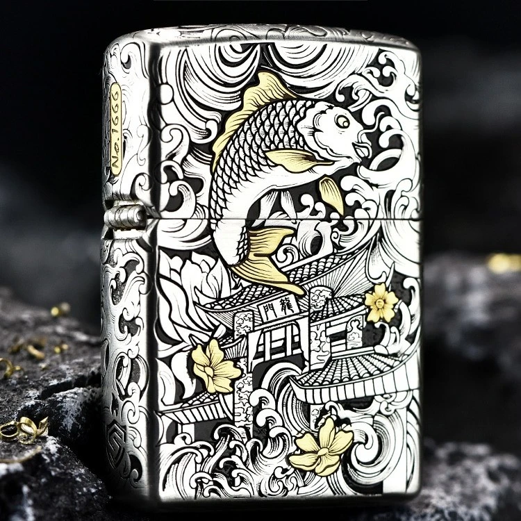 ZIPPO/之宝打火机/纯银错金银工艺-重甲鱼跃龙门-礼盒装送礼DYJ1
