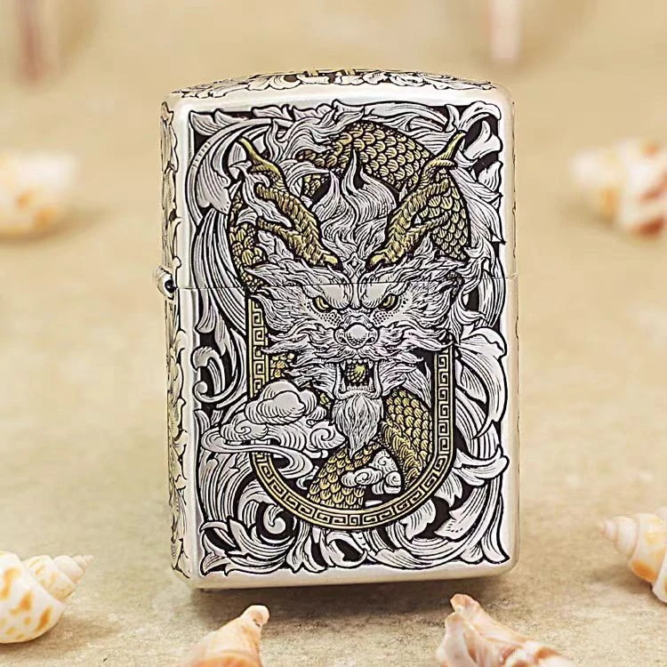 Zippo打火机正版-盔甲错金银云镜龙-防风龙年男士礼物DY9912JY