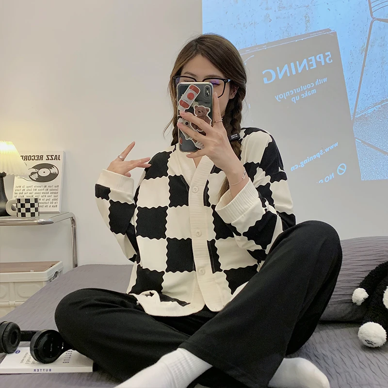 2024年秋季新款黑白格子长袖睡衣女装韩版时尚学生宿舍家居服套装