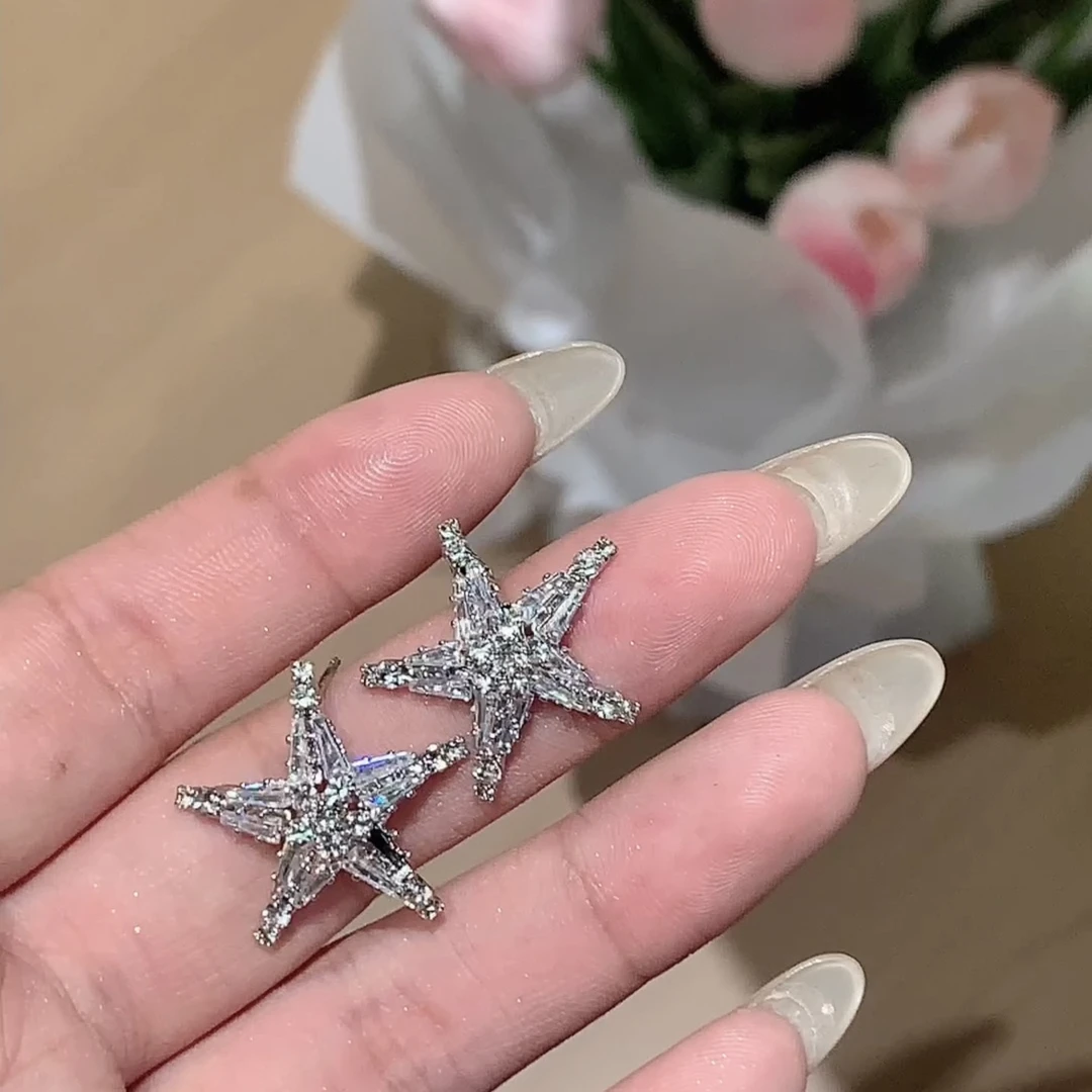 925银针耳饰 闪亮海星小众五角星耳钉 轻奢设计高级感耳饰品
