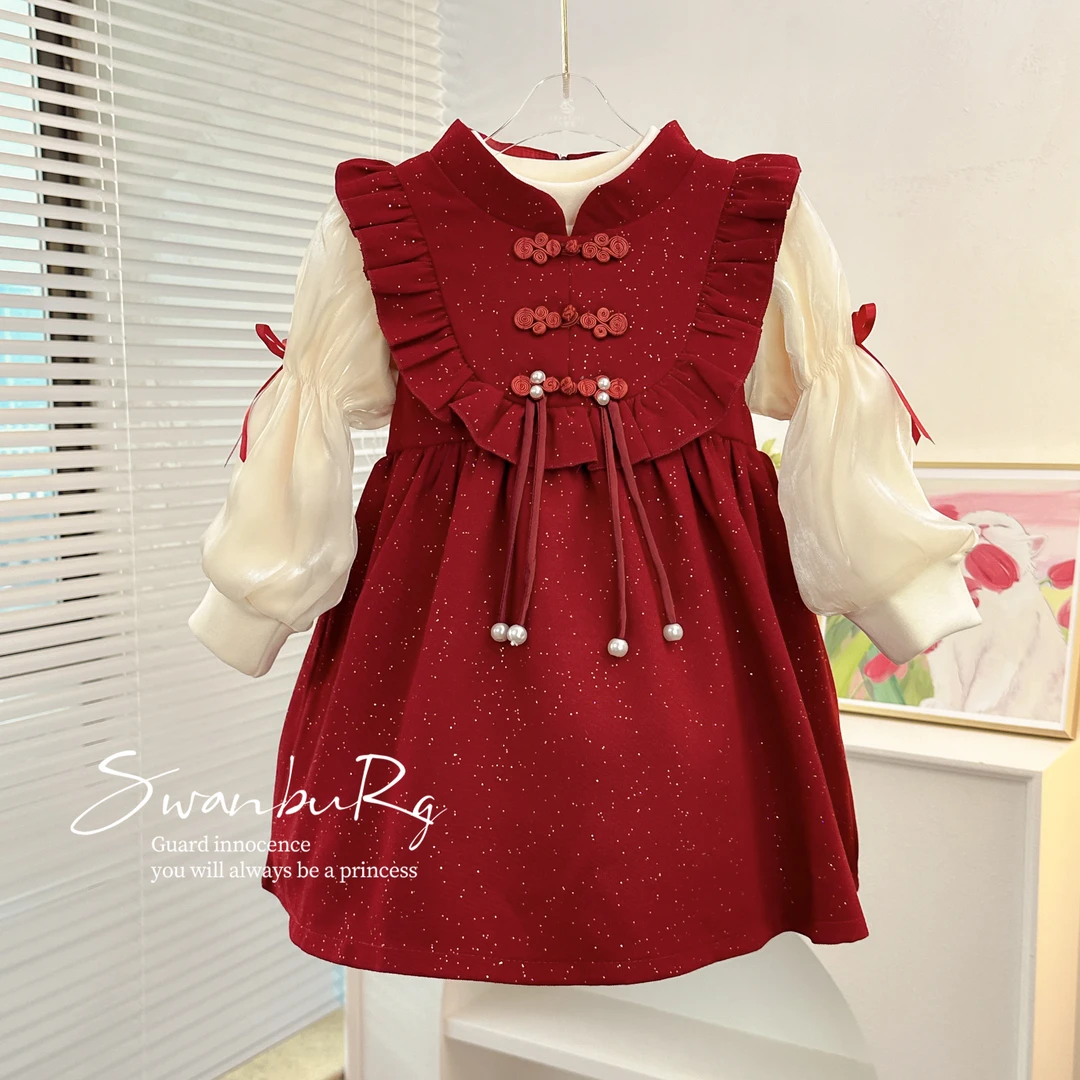 【Y.W1025】2023新款国风长袖女宝宝两件套公主裙女童洋气连衣裙