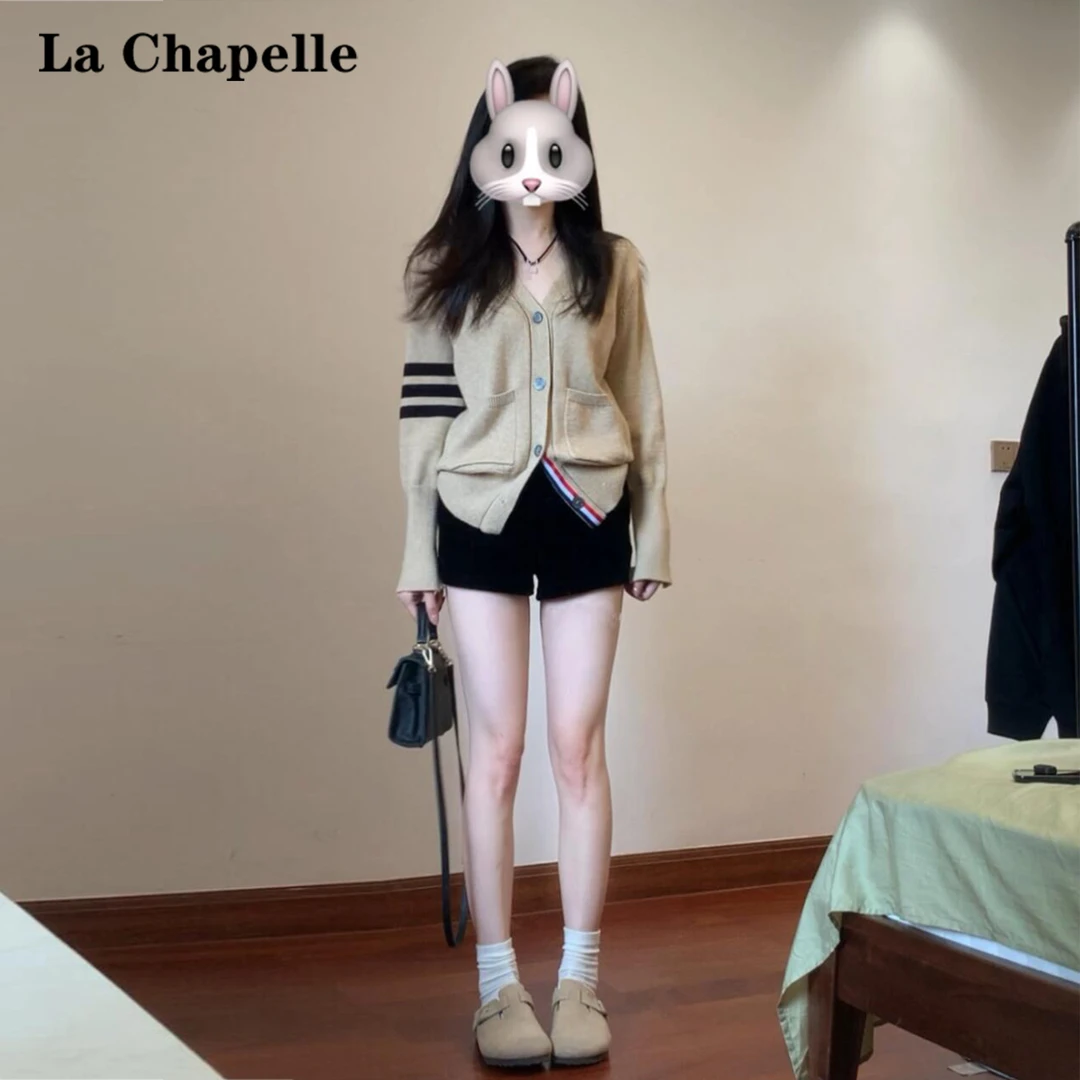 拉夏贝尔美拉德v领针织开衫女2024秋季慵懒风高级感宽松毛衣外套