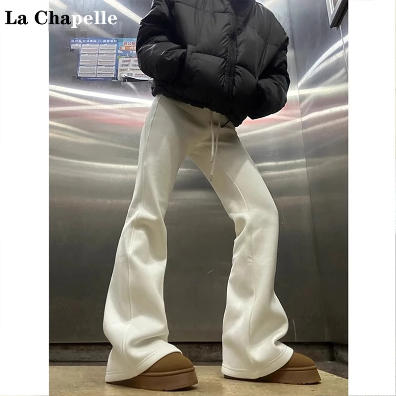拉夏贝尔白色高腰微喇休闲裤女2024冬季加绒修身慵懒风垂感喇叭裤